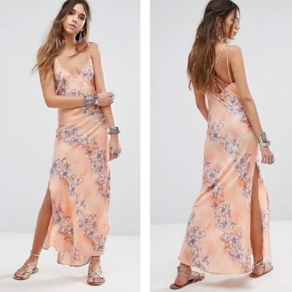 Free People Peach Floral Satin Maxi Dress